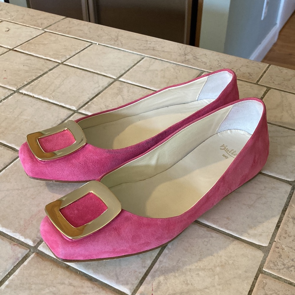 Butter Pink Suede Flats with Gold Buckle
